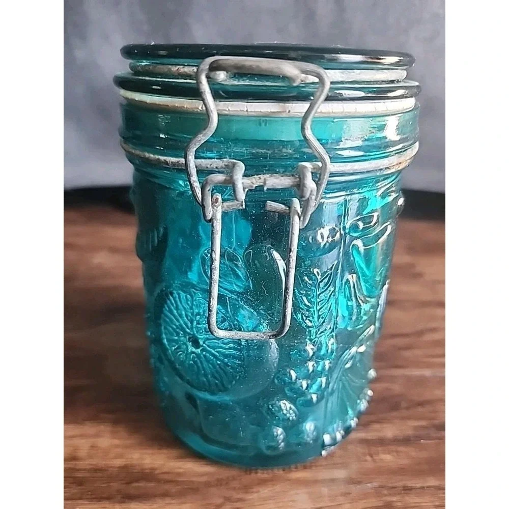 Vintage Aqua  Wired Jar Fruit Design Bail Type Lighting Jar Canning Decor